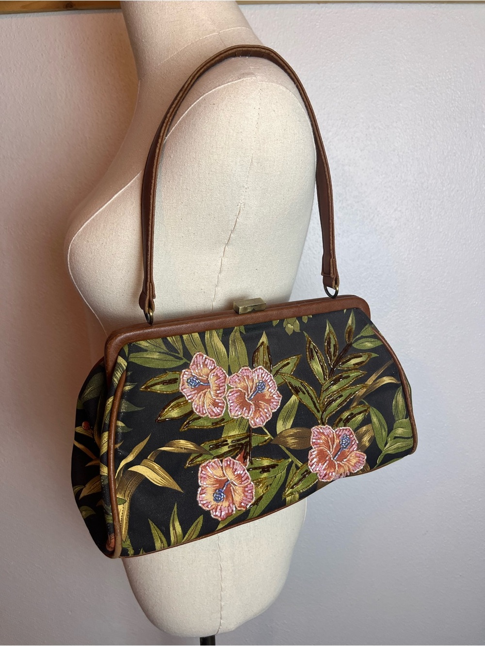 Vintage Floral Beaded Top-Handle Bag in Black, Brown Leather, Green and Pink